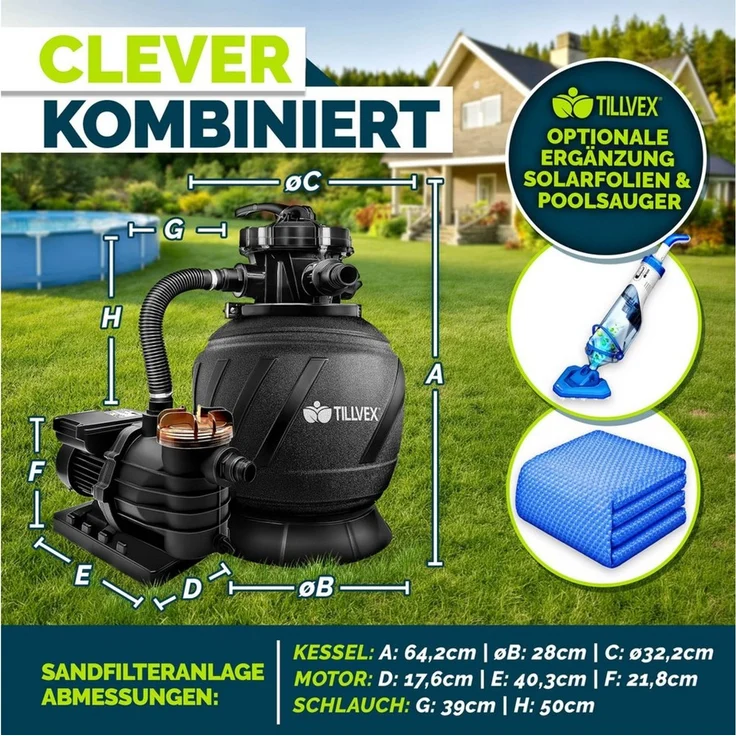 tillvex Sandfilteranlage 10 m³/h Filteranlage + 800g Filterbälle 7-Wege Ventil Poolfilter, Filterkessel mit Druckanzeige Sandfilter für Pool und Schwimmbecken