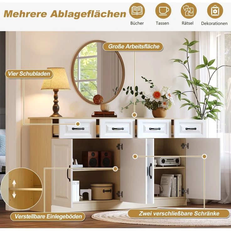 DESVIAE Sideboard mit 4 Schubladen und 4 Türen 160x80x35 cm MDF Weiß/Naturholzfarbe – Bild 6