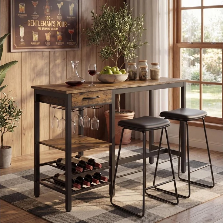 GarveeMore Bartisch 100 x 40 x 90 cm Stehtisch Küchentisch Ablagetisch Bistrotisch Tresentisch (1-St), mit Schubladen, Weinglashalterung, Flaschen und mehrstufigen Stauraum – Bild 3