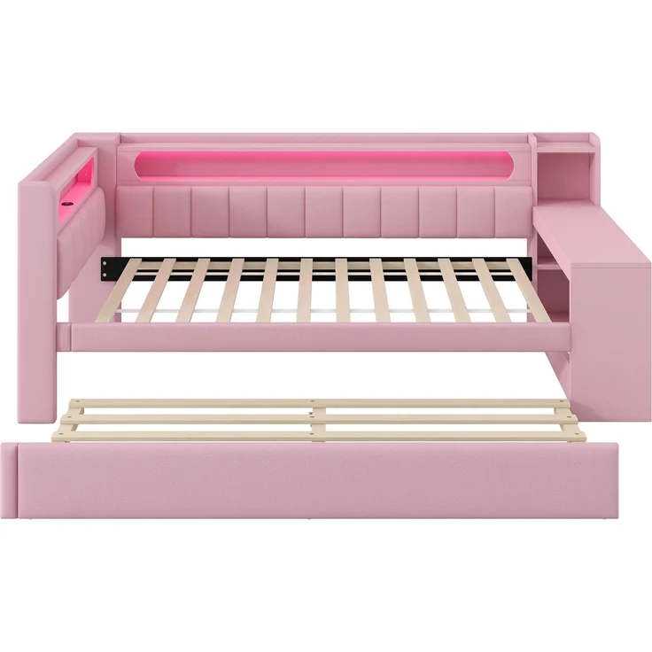 U-life Gepolstertes Tagesbett 90x200 cm mit Ausziehbett, Schreibtisch, USB-Ladestation und LED-Beleuchtung, Rosa – Bild 8