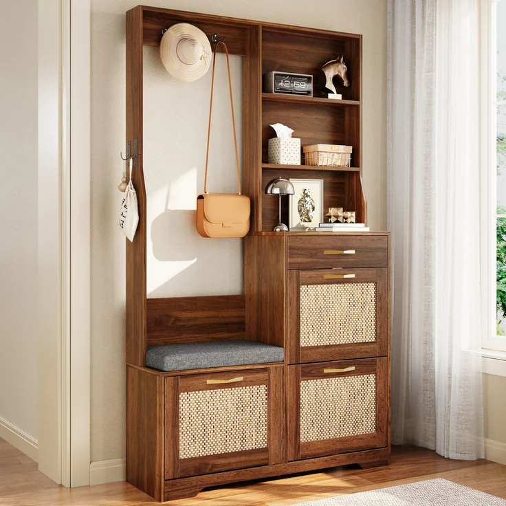 Garderobenschrank Flurgarderobe mit Sitzbank Schuhschrank Rattan Front Kleiderhaken Schubladen Stauraumschrank Eingangsbereich--Nussbaum--100x30x170cm--YOUDENOVA – Bild 3