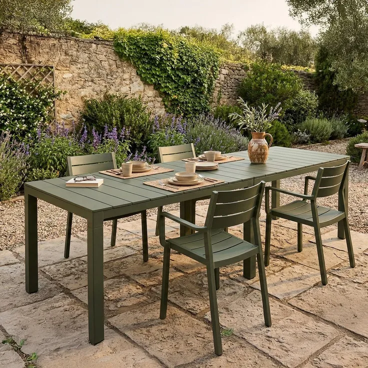 Dmora - Gartentisch Varda, Picknickbasis, Mehrfachposition Garten-Esstisch, Mehrzweck-Außenbank, Made in Italy, 292x86 h74 cm, Grün