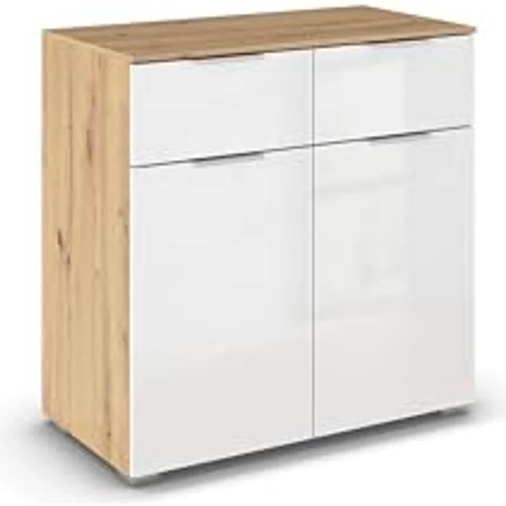 Rauch Möbel Alabama, Kommode für Schlafzimmer, Kinderzimmer, Garderobe, Flur, 2-türig, mit 2 Schubladen, SOFT-CLOSE-Funktion, Farbe Weiß Hochglanz/Eiche Artisan, Holz, Griff Alufarben, Maße 80x81x42cm – Bild 1