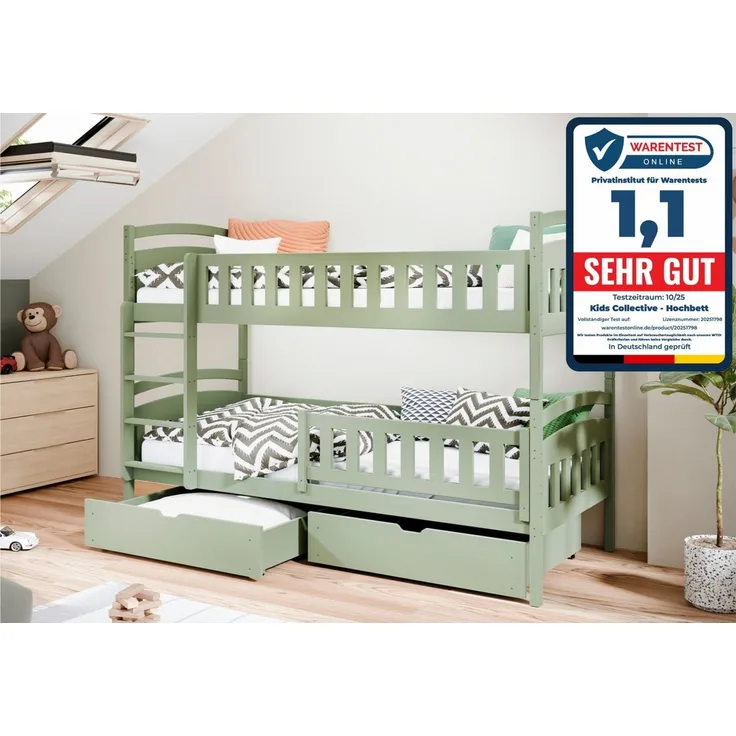 Kids Collective Etagenbett Hochbett Kinderbett 80x180 90x200 umbaubar in zwei Einzelbetten, 90x200 cm mit zwei Schubladen Lattenrost Rausfallschutz Olivgrün
