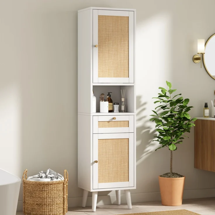 Flieks Badezimmer-Hochschrank 40x30x166 cm, Badschrank aus weißem MDF mit Rattan-Türen, Schublade, Soft-Close & wendbarer Montage – Bild 2