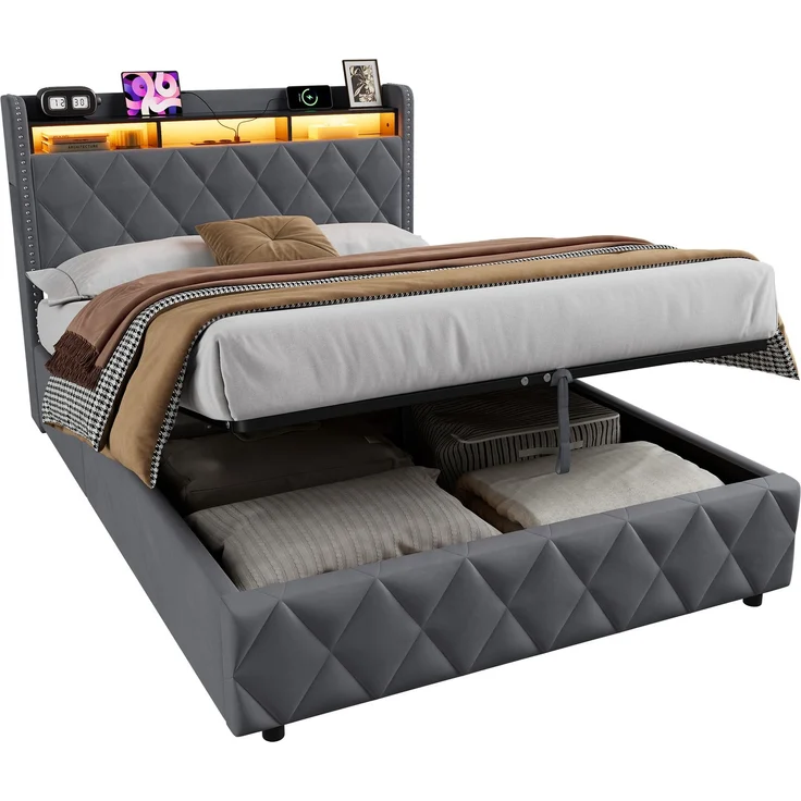 Polsterbett 140x200 cm mit Stauraum, LED und USB-Anschlüssen, Dunkelgrau – Ohne Matratze – Bild 10
