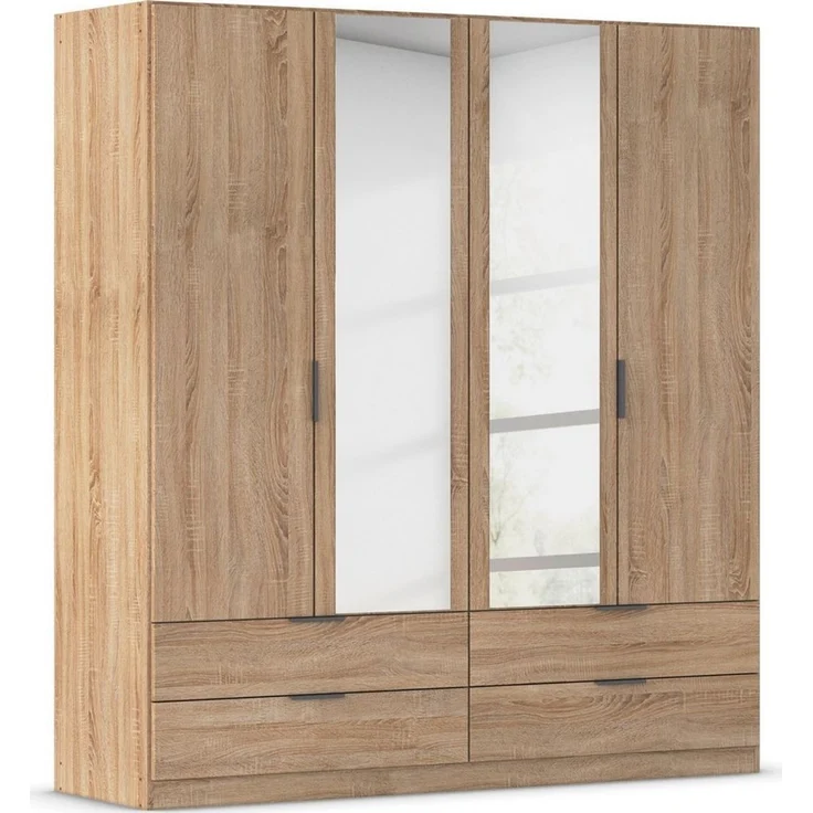 Rauch Möbel Lagoa, Kleiderschrank, Garderobe für Schlafzimmer, Kinderzimmer, Jugendzimmer 4-türig mit Spiegel, 4 Schubladen, mit Zubehör Premium, Farbe Eiche Sonoma, Holz, Breite 181 – Bild 1
