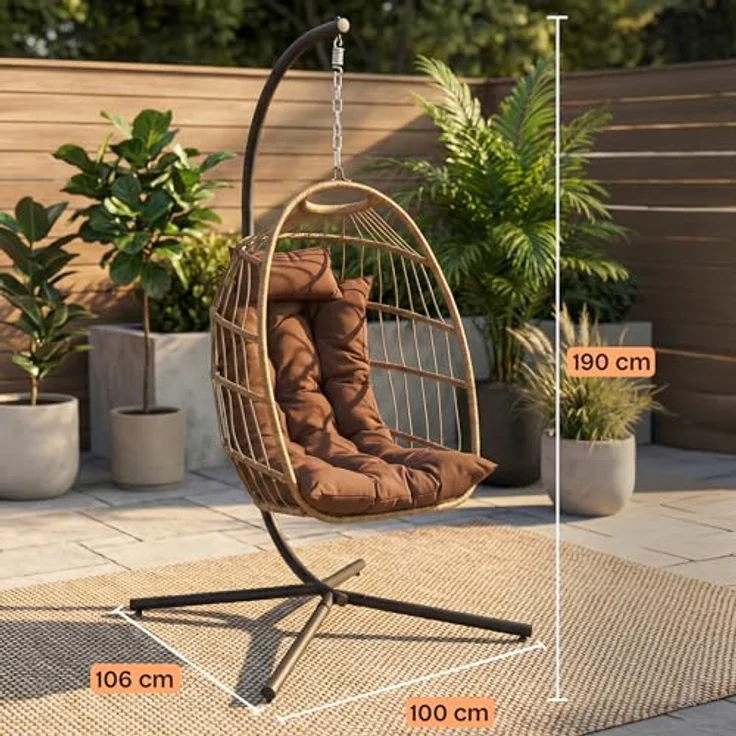 SereneLife Hängesessel mit Gestell – Rattan Hängesessel Outdoor & Indoor Wetterfest – Schaukel für Kinder & Erwachsene bis 250 kg mit Dicke Kissen – Faltbarer Schaukelsessel für Terrasse & Wohnzimmer – Bild 3