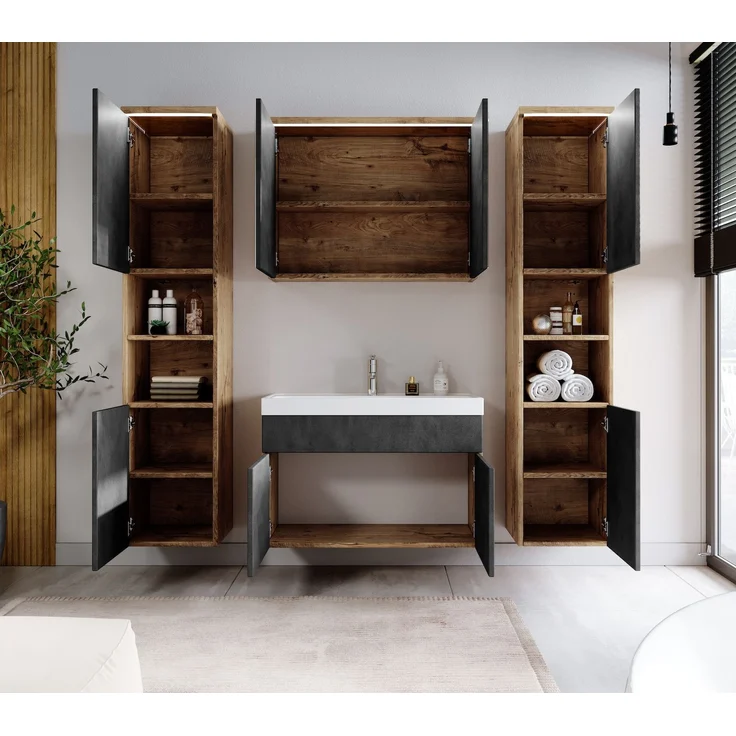 Badplaats Badmöbel Komplettset Paso XL LED 80x40 cm Kastanien Eiche mit Dunkel Grau - Badezimmermöbel mit Waschbecken, Spiegelschrank und 2 Badezimmerschränke – Bild 4