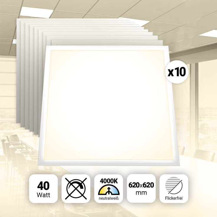 10x LED Panel 62x62 cm Neutralweiß 4000K 40W 3400lm Slim Alu PLe 2.2