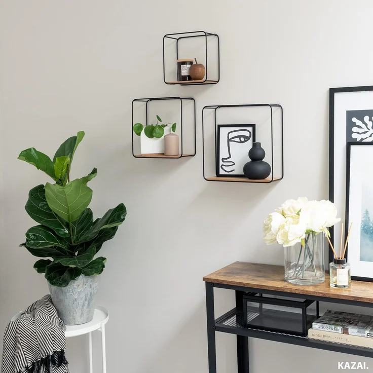 Kazai. Wandregal-Set -Jona- | 3-Teiliges Hängeregal aus Metall und Echtholz-Veneer | Wanddeko und Ablage für Bad, Wohnzimmer, Küche, Schlafzimmer und mehr | Eiche – Bild 2