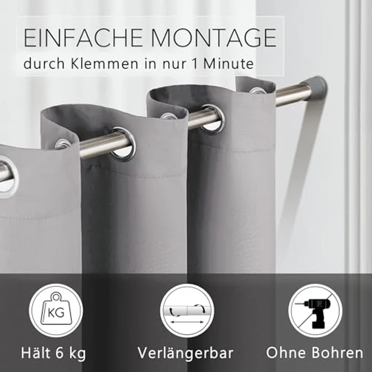 tinycurtains Türvorhang mit Stange silber 70-120 cm Thermo Vorhang ohne Bohren, mit Magneten, Ösen, abdunkelnd, Polyester, hellgrau Moonlight, Türgardine mit Klemmstange Raumtrenner verdunkelnd – Bild 3