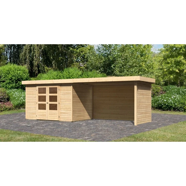 Gartenhaus Askola 4 - 302x217 cm plus Anbaudach 2,80m mit Wänden, 19 mm naturbelassen, Karibu – Bild 1