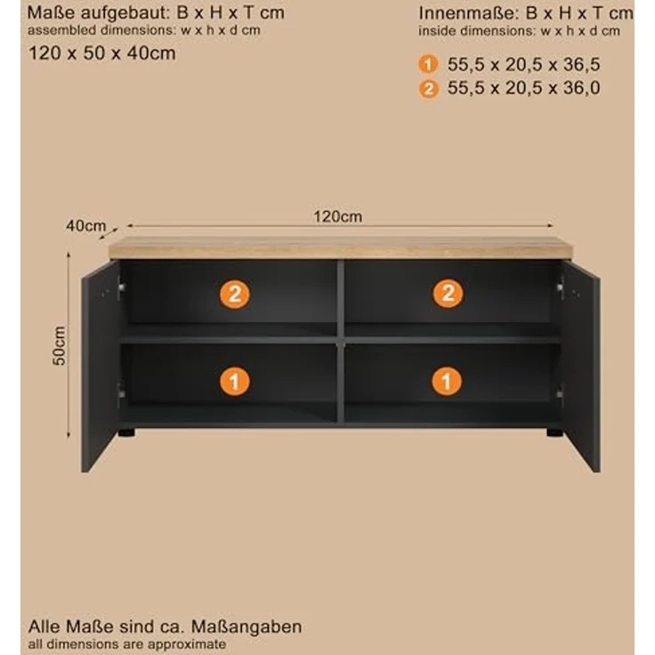 trendteam smart living - Baggio - TV-Schrank - Grau/Eiche - TV-Möbel mit 3 Lowboards - (B x H x T) 360 × 50 × 40 cm - Moderner Stil – Bild 3