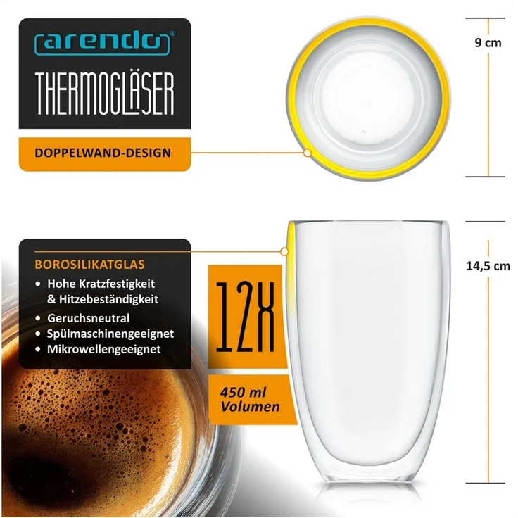 Arendo Gläser-Set doppelwandige Thermogläser, 450 ml Kaffeetasse, Trinkglas ohne Henkel, 12-tlg, Glas, für Latte Macchiato, Cappuccino, Tee, hitzebeständig spülmaschinenfest