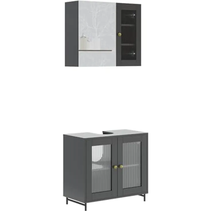 Vichy Badmöbelset Malte, 2-teiliges Badmöbel-Set in Grau mit Waschbeckenunterschrank und Spiegelschrank, moderne und funktionale Gestaltung