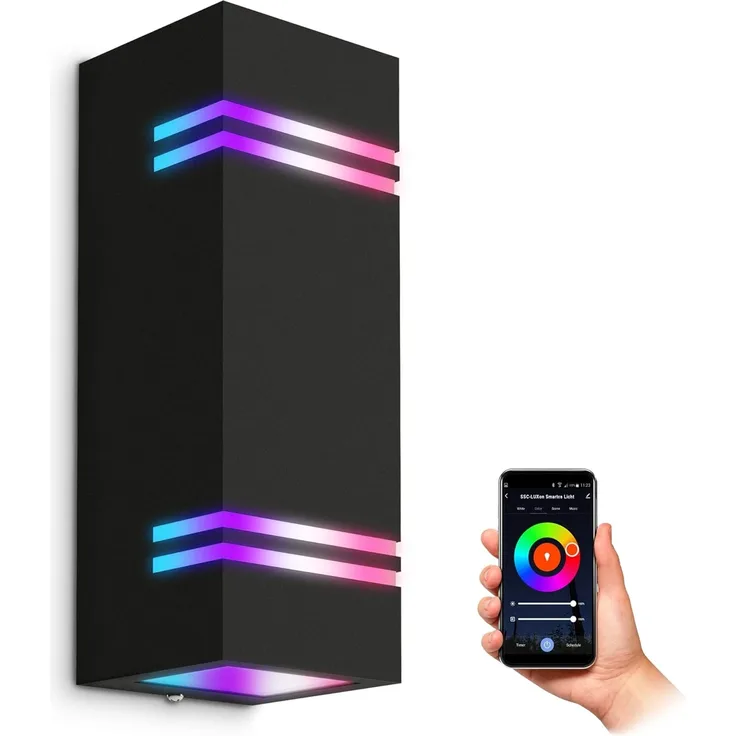 SSC-LUXon LED Außen-Wandleuchte JOVO-L Wand-Aussenleuchte Up & Down IP44 schwarz mit 2x WiFi Smart RGB, RGB & Weißtöne