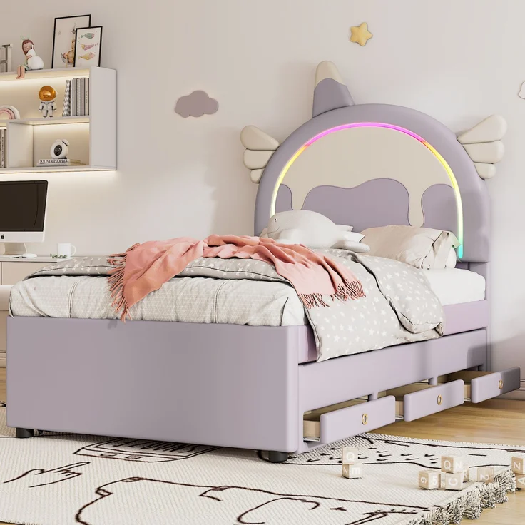 ViolettKinderbett 90x200 cm in Einhornform mit ausziehbarem Rollbett und Schubladen,Cartoon Bett violett,süßes Einhornbett mit stabilem Rahmen – Bild 3