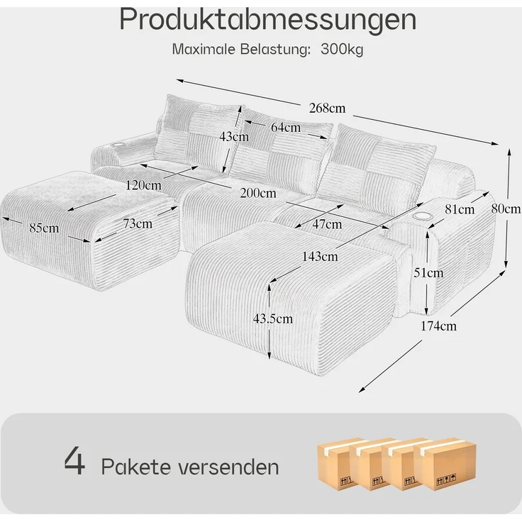 Sofa 3-Sitzer 268x174x80 cm mit schwarzer Cord-Sitzfläche, modular, Cupholder und Seitentasche – Bild 5