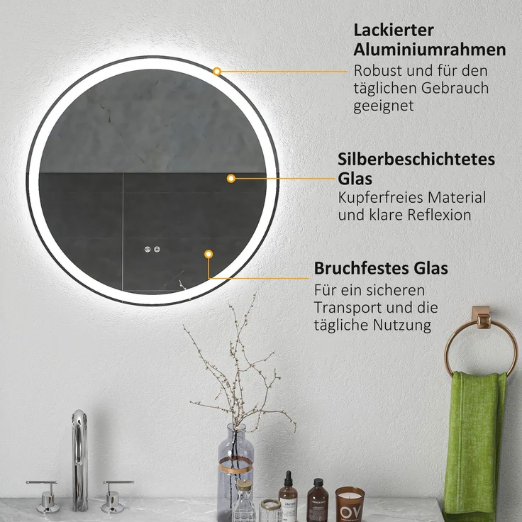 Badezimmerspiegel Badspiegel Runder Spiegel, LED-Licht, Touch-Funktion, kein Beschlagen, 60 x 60 cm--Weiß+Silber--60x3x60cm--YOUDENOVA – Bild 9