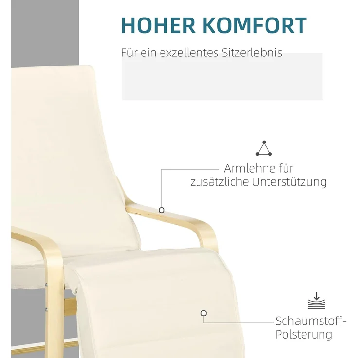 HOMCOM Relaxsessel mit Verstellbarem Fußteil, mit Leinenoptik (Esszimmerstuhl, 1-St, Schwingstuhl), für Wohnzimmer, Birkenholz, Cremeweiß 66,5 x 94 x 100cm – Bild 5