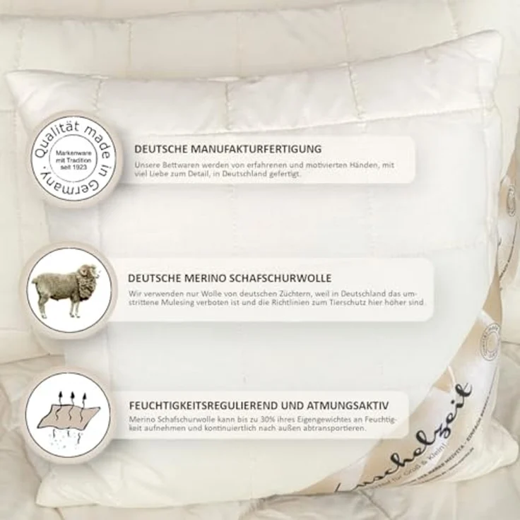 Meivita Naturhaarkissen Merino Schafschurwolle Kopfkissen, Füllung: 100% Wolle (Schurwollvlies), Bezug: 100% Baumwolle untersteppt mit 100% Wolle (Merino Schafschurwollvlies), Seitenschläfer, Rückenschläfer, Kissen Hergestellt in Deutschland – Bild 4