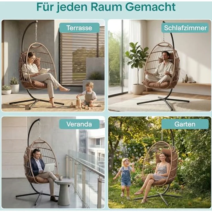 SereneLife Hängesessel mit Gestell – Rattan Hängesessel Outdoor & Indoor Wetterfest – Schaukel für Kinder & Erwachsene bis 250 kg mit Dicke Kissen – Faltbarer Schaukelsessel für Terrasse & Wohnzimmer – Bild 8