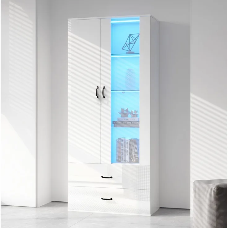DESVIAE Vitrine mit LED-Beleuchtung und 2 Schubladen, 59,5x182x35 cm, Spanplatte, Weiß