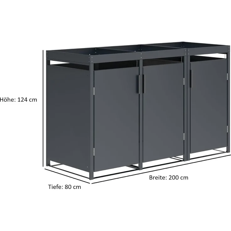 DEGAMO ULM Mülltonnenbox mit Pflanzwanne 3-er, Stahl verzinkt, anthrazit, 200x80x124cm für 3x Tonnen bis 240 Liter – Bild 6
