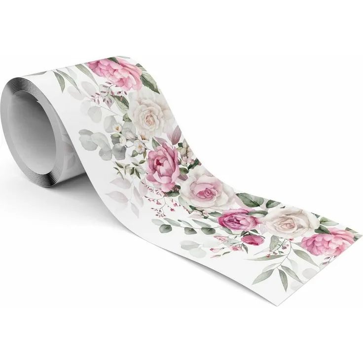 Muralo Bordüre Wandbordüre selbstklebend Blumen – Tapetenbordüre Wohnzimmer, floral, Aquarell-Rosen in Rosé mit Eukalyptus, 10x300 cm, abwischbar