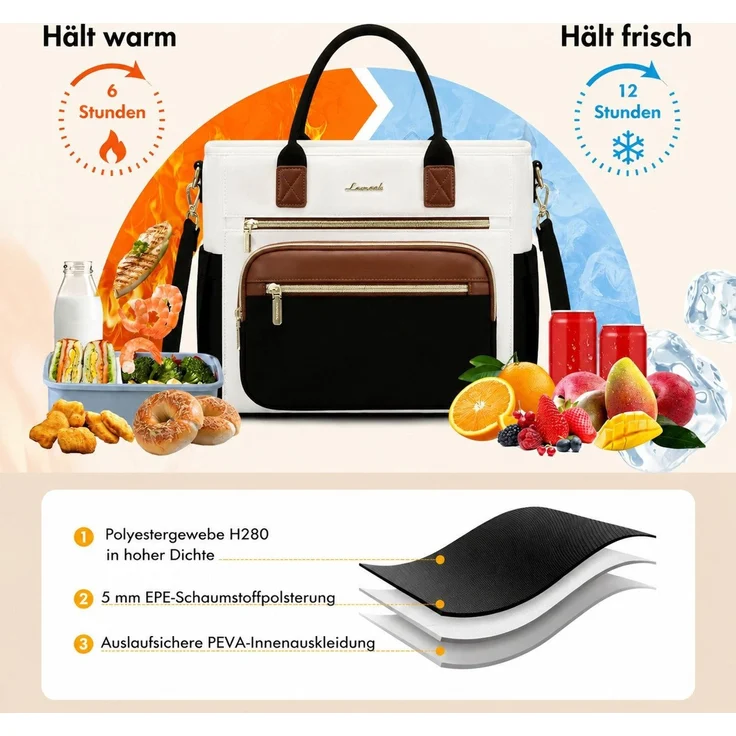 Diwzbyn Lunchbox Lunchbag Damen Isoliert, Auslaufsicher, Große Öffnung, Mit verstellbarem Schultergurt für Arbeit, Picknick & Reise – Bild 3
