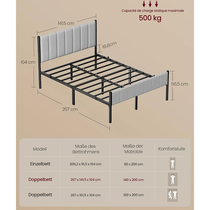 VASAGLE Doppelbettgestell, Bettgestell, 140 x 200 cm, mit gepolstertem Kopfteil, Bettrahmen, Stahl-Latten, trägt bis zu 500 kg, einfache Montage, Taubengrau – Bild 2
