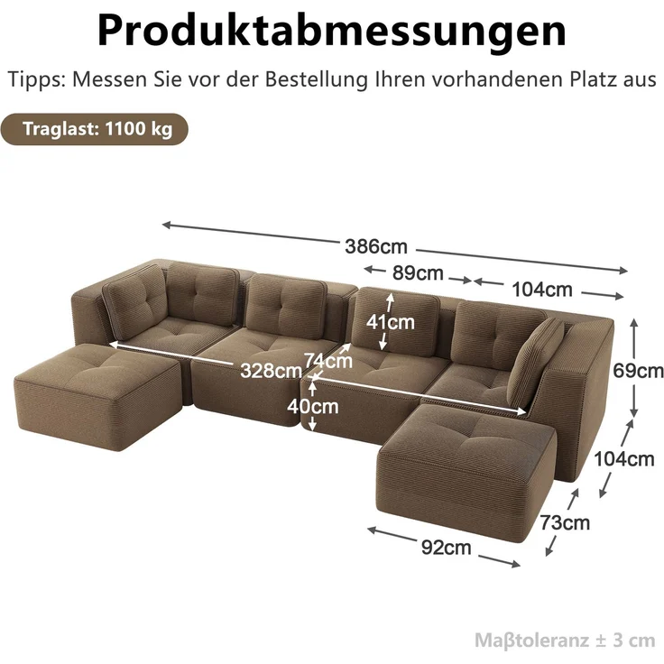 DESVIAE Sofa modular als Ecksofa, Cord, Braun, mit rutschfestem Standfuß, 386 x 177 x 69 cm – Bild 10