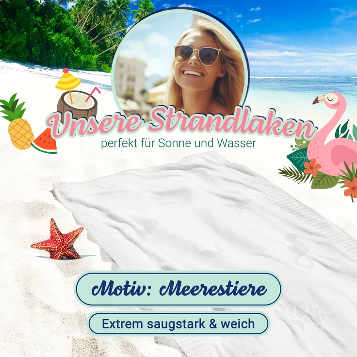ZOLLNER Strandtuch XXL aus Baumwolle, 100x200 cm, weiß mit Meerestiermotiven – Bild 4