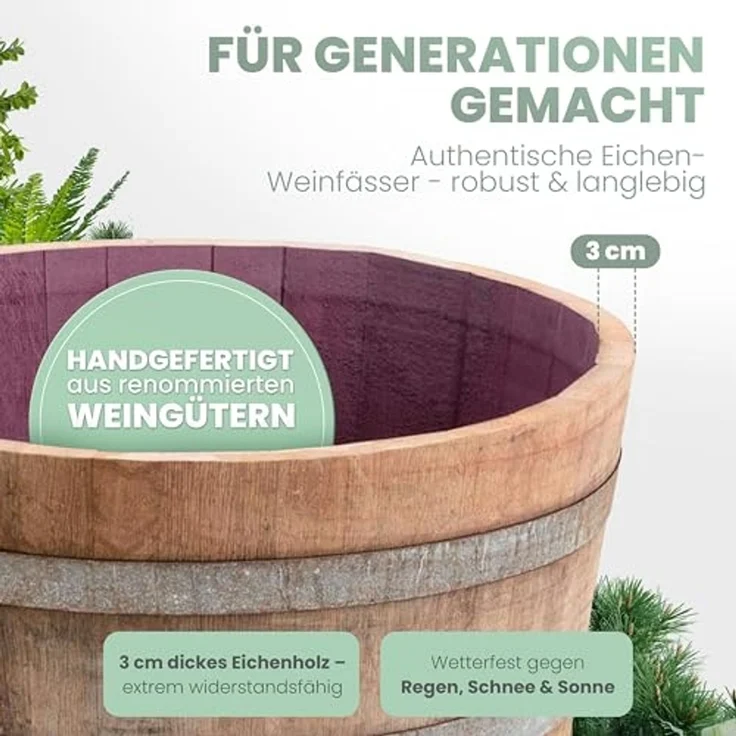 Temesso Pflanzkübel D 70cm - Halbiertes Weinfass als Miniteich - D70cm H40 100L Inhalt – Bild 4