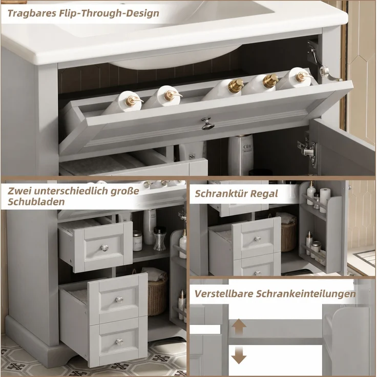 76x46x87cmBodenstehender Badezimmerschrank mit Waschbeck, Waschtisch, feuchtigkeitsbeständig lackiert, Soft-Close-Schubladenführungen, Türregale,ausklappbare Schublade,verstellbare Ablagefläche, grau – Bild 8