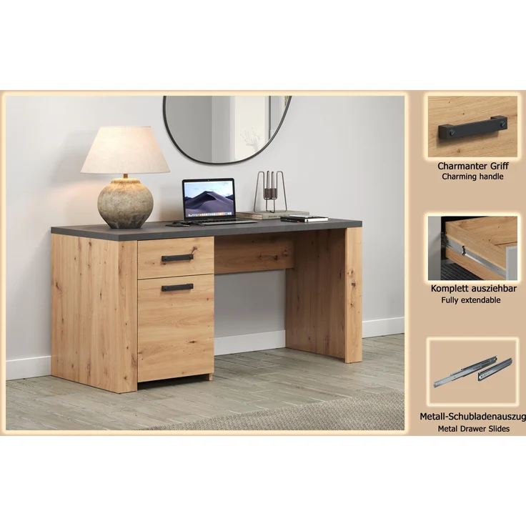 trendteam smart living - Follow - Schreibtisch - Eiche/Anthrazit - Computertisch mit 2 Fächern - (BxHxT) 145 x 76 x 70 cm - Vollauszug Schublade – Bild 13