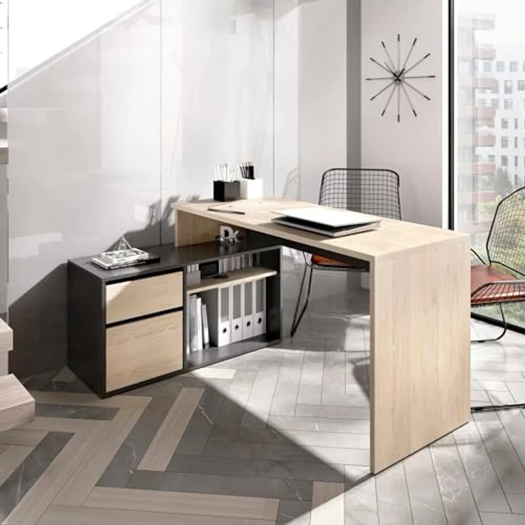 Dmora - Gardena-Schreibtisch, Schreibtisch mit Mehreren Positionen für das Büro oder Schlafzimmer, Mehrzweck-Ecktisch, 139 x 92 x 75 cm, Eiche und Anthrazit – Bild 2