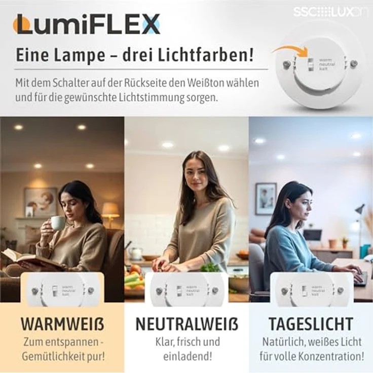 SSC-LUXon BEDA Einbaustrahler IP65, flach 30mm mit wechselbarem LumiFLEX LED Modul 4W, warmweiß + neutralweiß + tageslicht, rund, weiß, für Dusche und Außenbereich, 230V – Bild 2