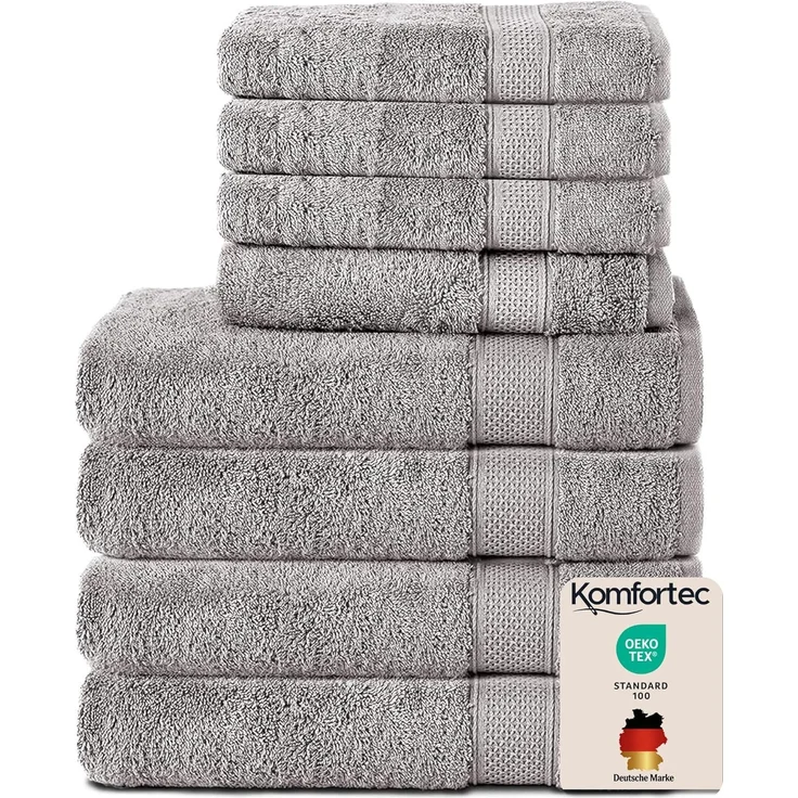 Komfortec 8er Handtuch Set aus 100% Baumwolle, 4 Badetücher 70x140 und 4 Handtücher 50x100 cm, Frottee, Weich,Groß, Silber