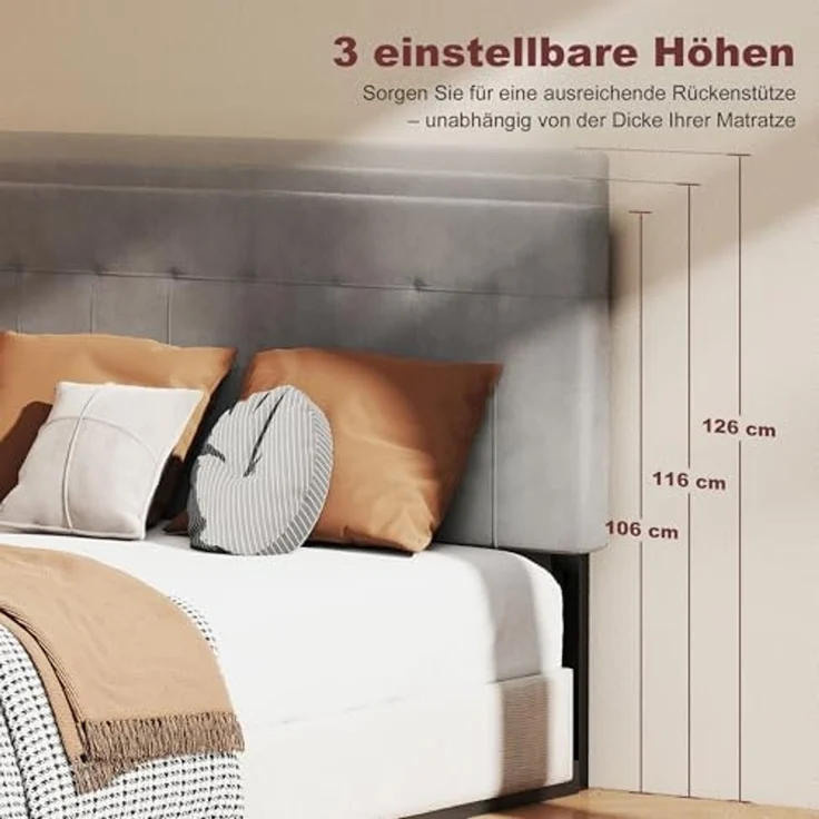 HOMCOM Kopfteil 3-Fach höhenverstellbar Bettkopfteil mit Metallbeinen gesteppt Polsterkopfteil mit Samtoptik für Schlafzimmer 140 x 10 x 106/116/126 cm Grau – Bild 3