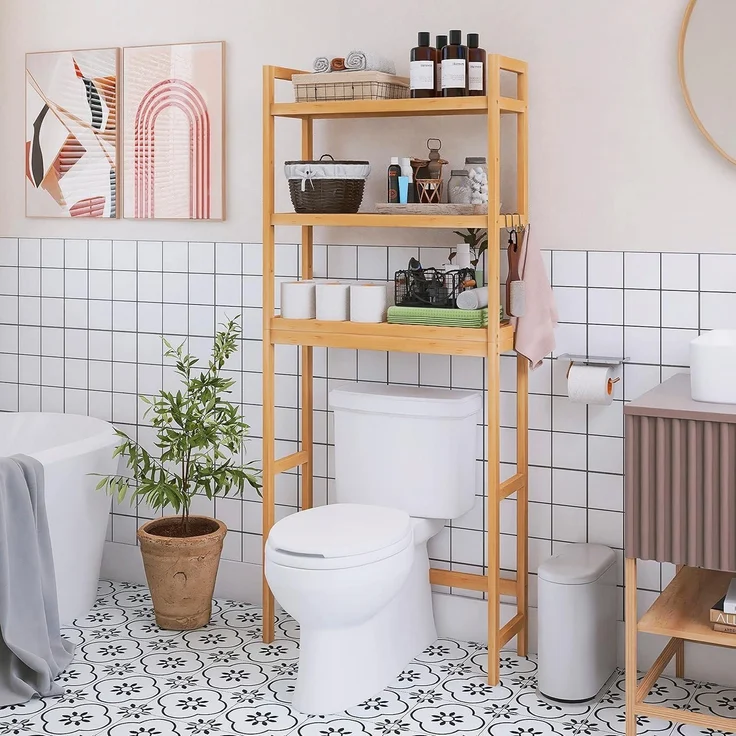 Toilettenregal Bambus 3-stöckig Verstellbar Badezimmer Natürlich 63x26x170cm – Bild 2