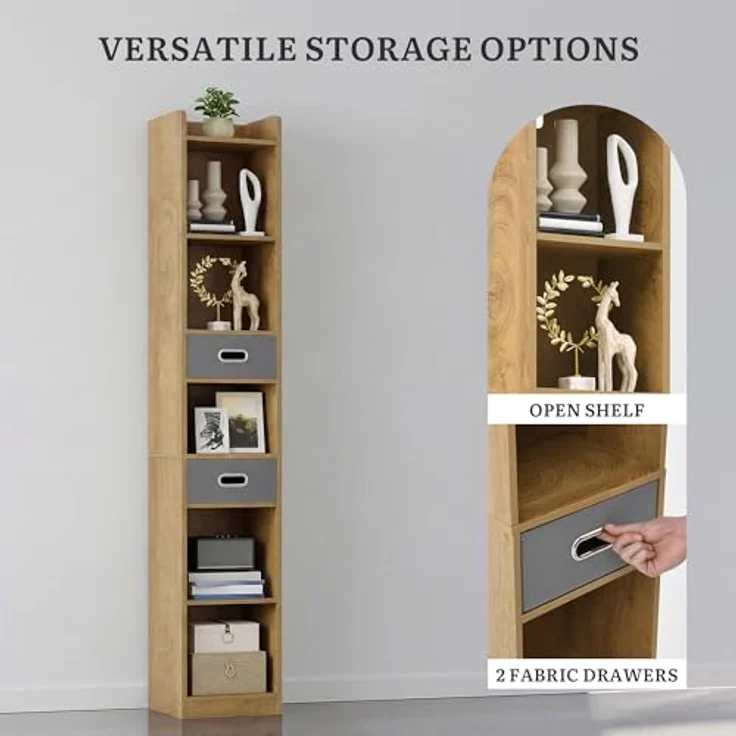 YITAHOME Hohes, schmales Bücherregal, schlankes Eckregal mit 5 Ebenen und 2 Stoffschubladen, freistehendes Regal für Wohnzimmer, Schlafzimmer, Büro, Eichenfarbe, 30 B × 24 T × 180 H cm – Bild 6