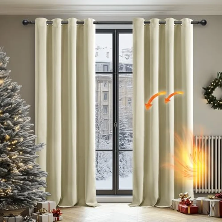 Deconovo Verdunkelungsvorhang Gardine Wohnzimmer Thermogardine Kälteschutz Ösen, 260x140 cm(HöhexBreite), Beige, 2er Set – Bild 3