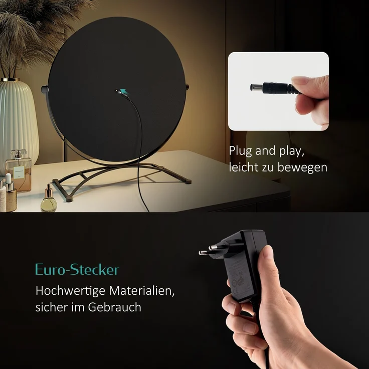 EMKE Runder Schminkspiegel Hollywood Spiegel mit Beleuchtung LED Tischspiegel, mit Touch, 3 Lichtfarben,9 Dimmbaren LED-Leuchtmitteln,7 x Vergrößerungsspiegel,Memory-Funktion, 360° Drehbar,Schwarz,40 cm – Bild 3