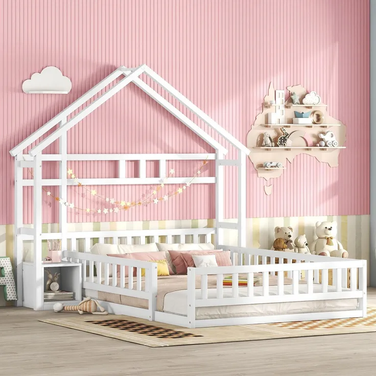 Kinderhausbett, Flachbett aus Kiefernholz mit Geländer, inklusive Nachttisch, stabiles Massivholzbett für Kinder, Weiß
