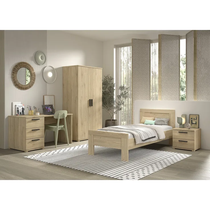 SAM Artikel-Set 4-tlg. best aus, Einzelbett, Nachtkonsole, Kleiderschrank 2-trg, Schreibtisch, Ausf. Eiche Melamin Dekor