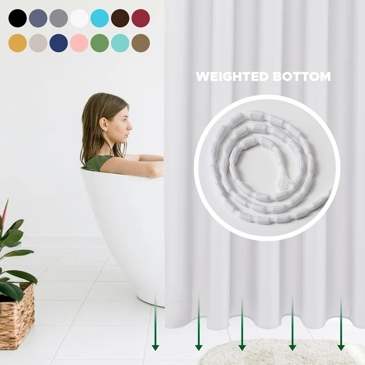 Hotel Stoff Duschvorhang 183 × 183 cm Weiß, Wasserresistent, Waschbar, Gewichteter Saum – Bild 3