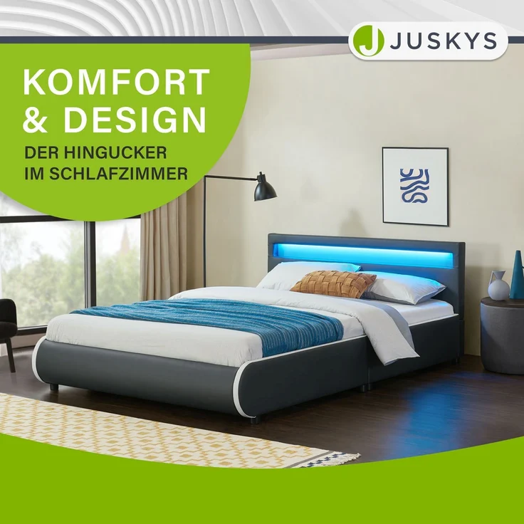 Juskys 'Sevilla' Polsterbett mit LED-Beleuchtung, Kunstleder, Grau, 140x200 cm, ohne Matratze – Bild 7