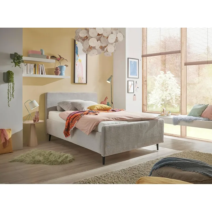 Stella Trading Peach Polsterbett Bettgestell 140x200, Silber - Modernes Einzelbett in Cord-Optik mit Holzfüßen - 149 x 108 x 215 cm (B/H/T)